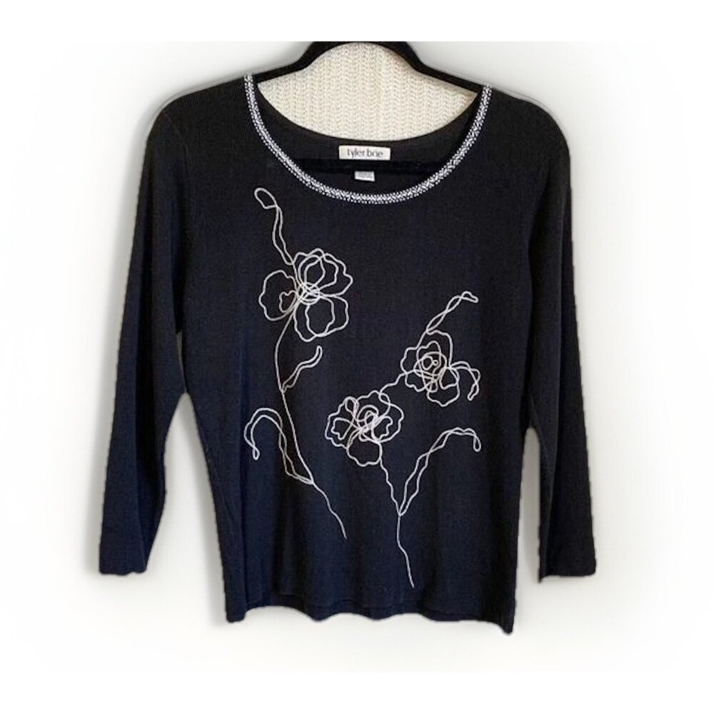 Tyler Boe Black Floral Embroidered Beaded Top Size Medium Whimsigoth Artsy
